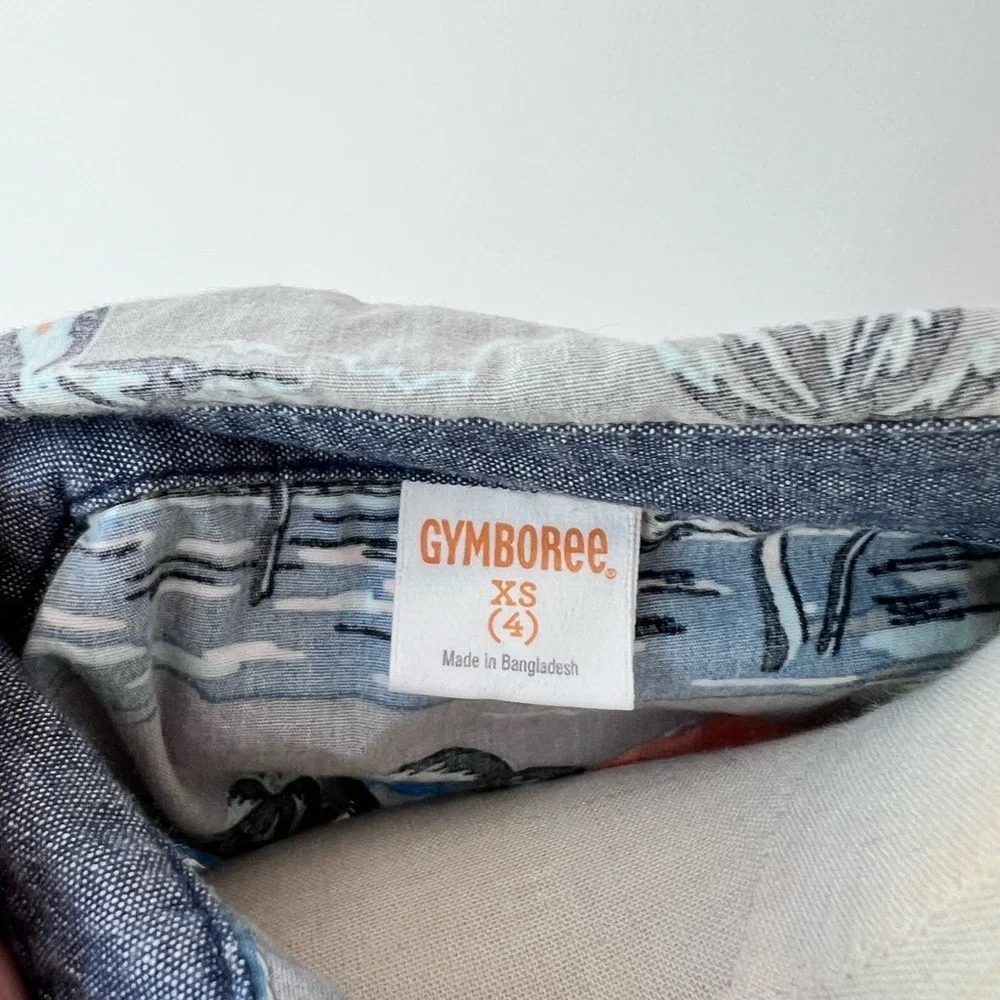 Gymboree Button Front Shirt Gray Tropical Palm Tree Surfboard XS‎ 4 Short Sleeve